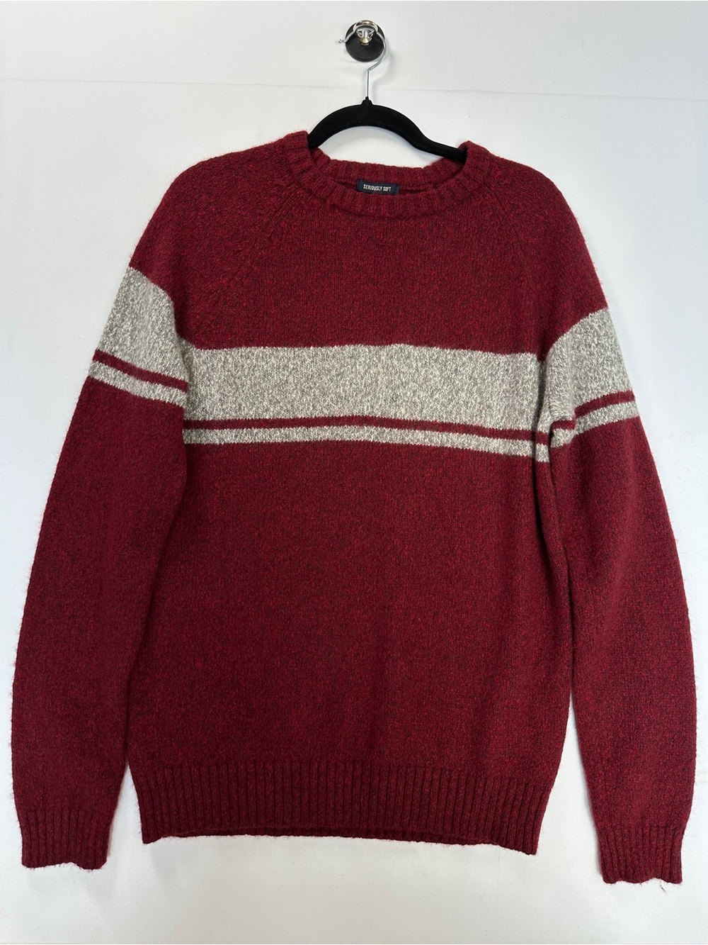 American Eagle Burgundy Wool Blend Striped Crewneck Knit Sweater M